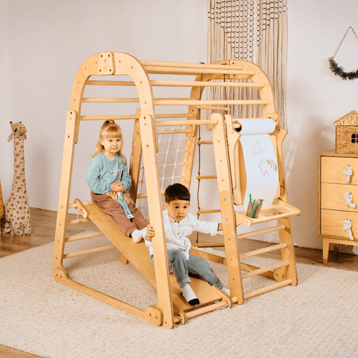Aire de Jeux en Bois pour Enfants - 7en1 Aire de Jeux + Ensemble de Balançoires + Toboggan + Complément artistique - Goodevas FR