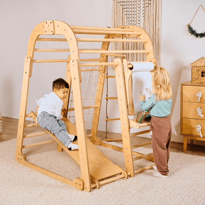 Aire de Jeux en Bois pour Enfants - 7en1 Aire de Jeux + Ensemble de Balançoires + Toboggan + Complément artistique