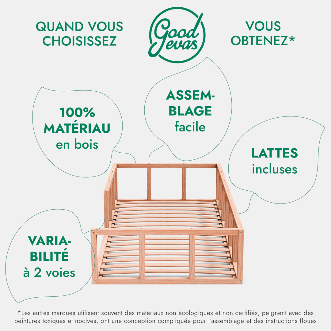 Cadre de lit au sol Montessori pour les Tout-petits avec Barrière - Goodevas FR