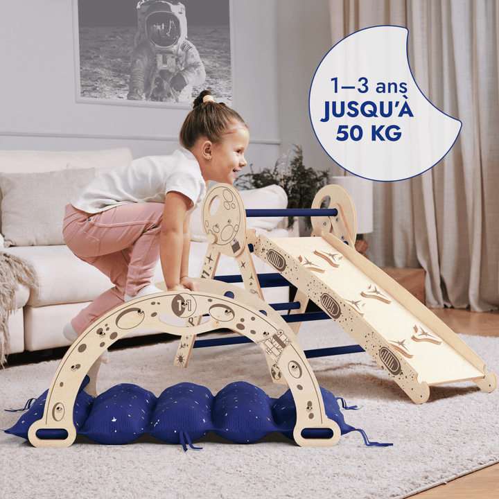 Ensemble d'Escalade Apollo 4 - en - 1 : Triangle Pikler, Arche, Planche de Glisse et Coussin pour Petits Astronautes en Herbe - Goodevas FR