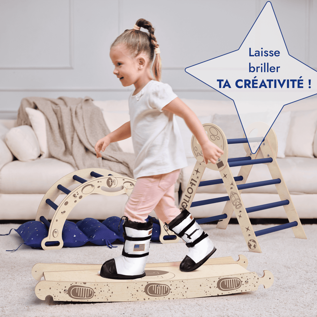 Ensemble d'Escalade Apollo 4 - en - 1 : Triangle Pikler, Arche, Planche de Glisse et Coussin pour Petits Astronautes en Herbe - Goodevas FR