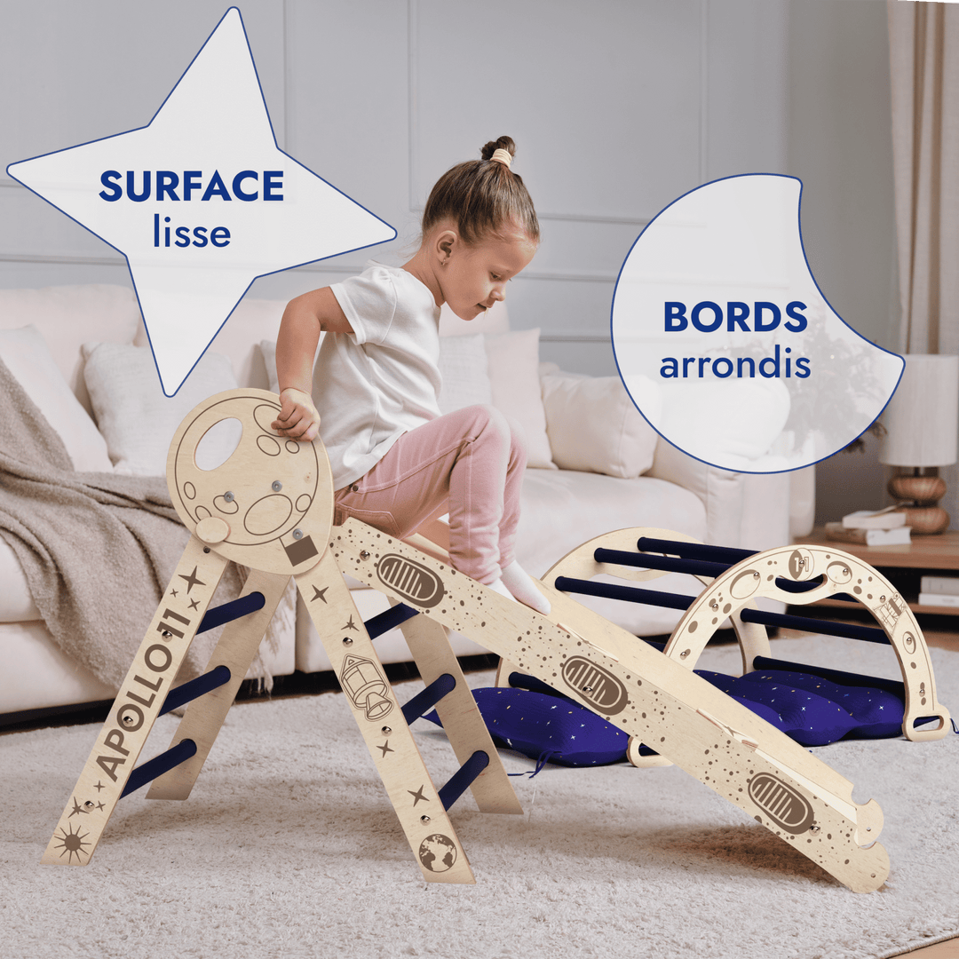 Ensemble d'Escalade Apollo 4 - en - 1 : Triangle Pikler, Arche, Planche de Glisse et Coussin pour Petits Astronautes en Herbe - Goodevas FR