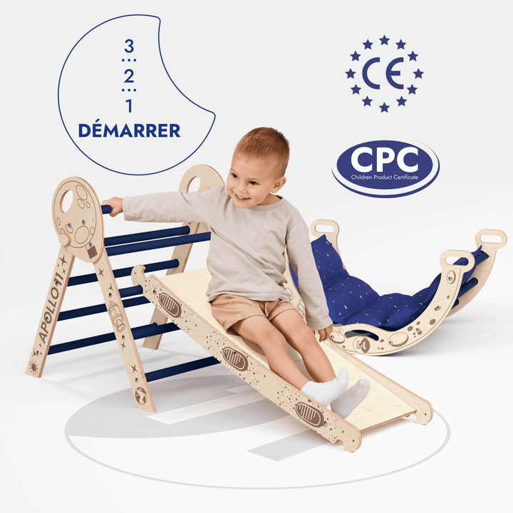 Ensemble d'Escalade Apollo 4 - en - 1 : Triangle Pikler, Arche, Planche de Glisse et Coussin pour Petits Astronautes en Herbe - Goodevas FR