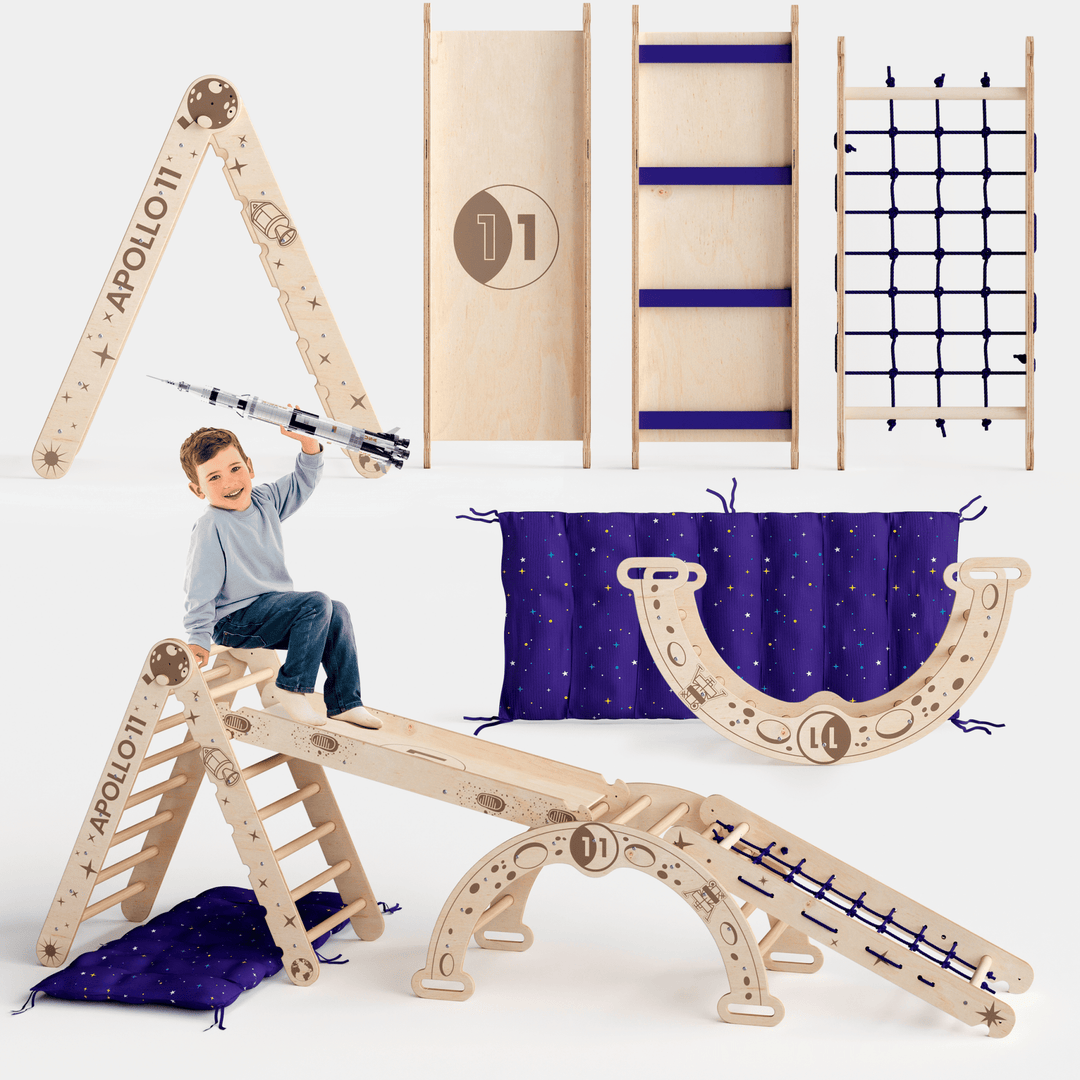 Ensemble d'escalade Apollo 5 - en - 1 : Triangle de Pikler, Arche, Planche de glisse et Coussin pour les petits astronautes - Goodevas FR