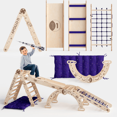 Ensemble d'escalade Apollo 5-en-1 : Triangle de Pikler, Arche, Planche de glisse et Coussin pour les petits astronautes