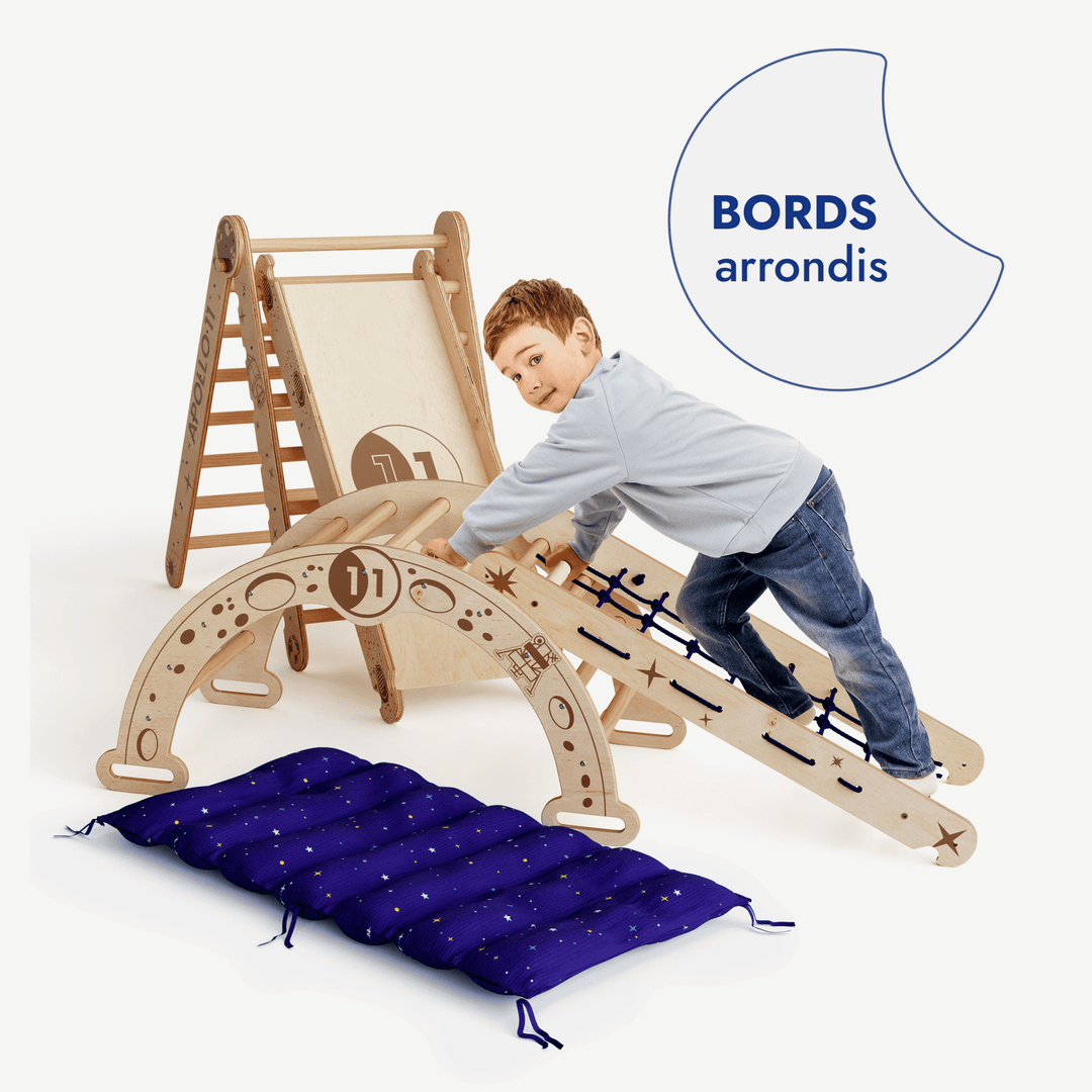 Ensemble d'escalade Apollo 5 - en - 1 : Triangle de Pikler, Arche, Planche de glisse et Coussin pour les petits astronautes - Goodevas FR