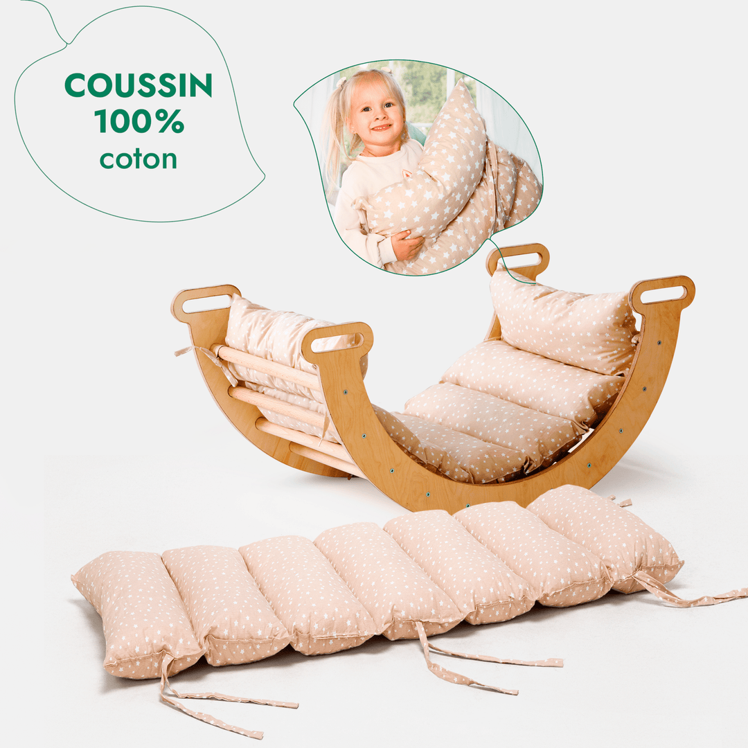 Ensemble d'Escalade Montessori 4en1 : Echelle Triangulaire + Arche d'Escalade + Toboggan + Coussin Beige - Goodevas FR