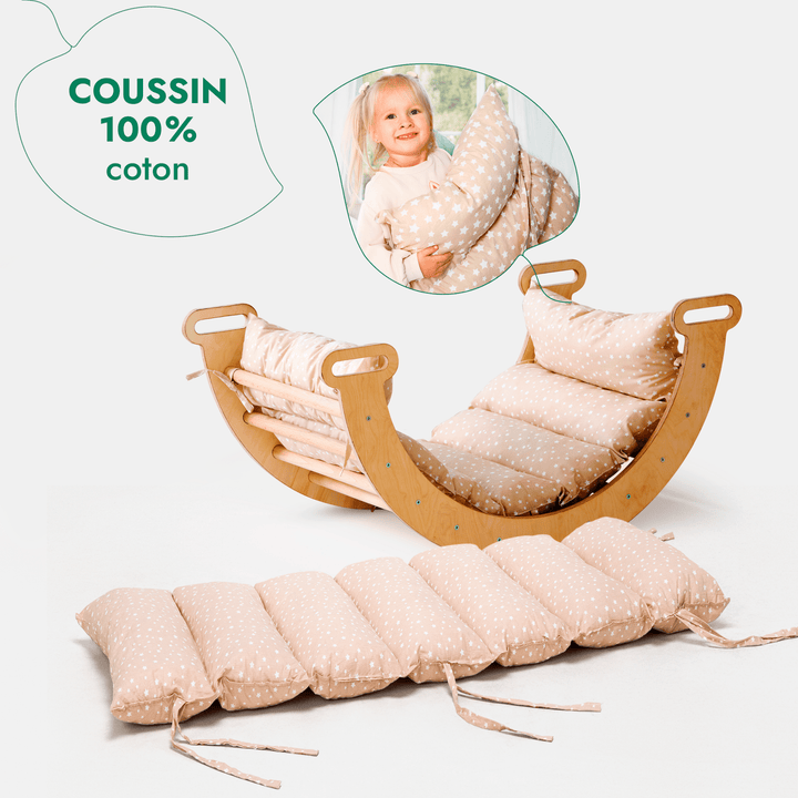 Ensemble d'Escalade Montessori 4en1 : Echelle Triangulaire + Arche d'Escalade + Toboggan + Coussin Beige - Goodevas FR