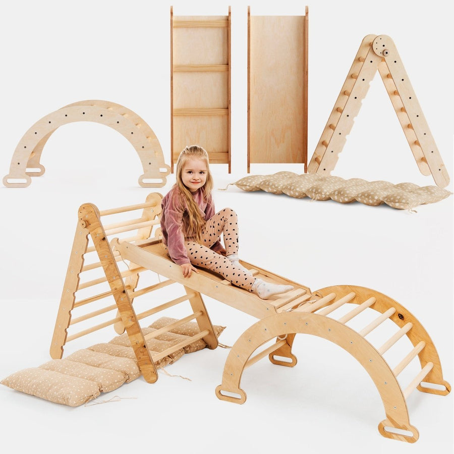 Ensemble d'Escalade Montessori 4en1 : Echelle Triangulaire + Arche d'Escalade + Toboggan + Coussin Beige - Goodevas FR