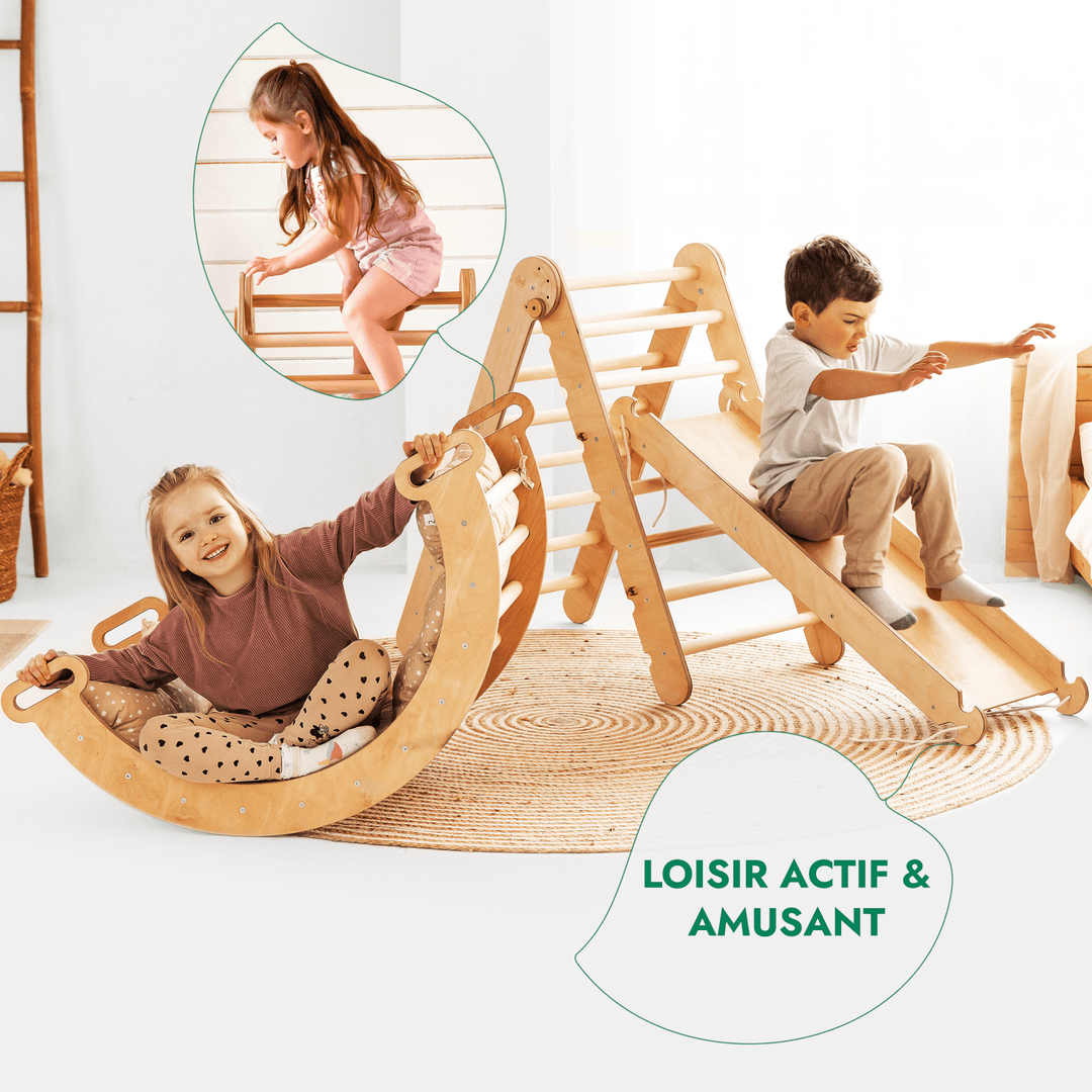 Ensemble d'Escalade Montessori 4en1 : Echelle Triangulaire + Arche d'Escalade + Toboggan + Coussin Beige - Goodevas FR