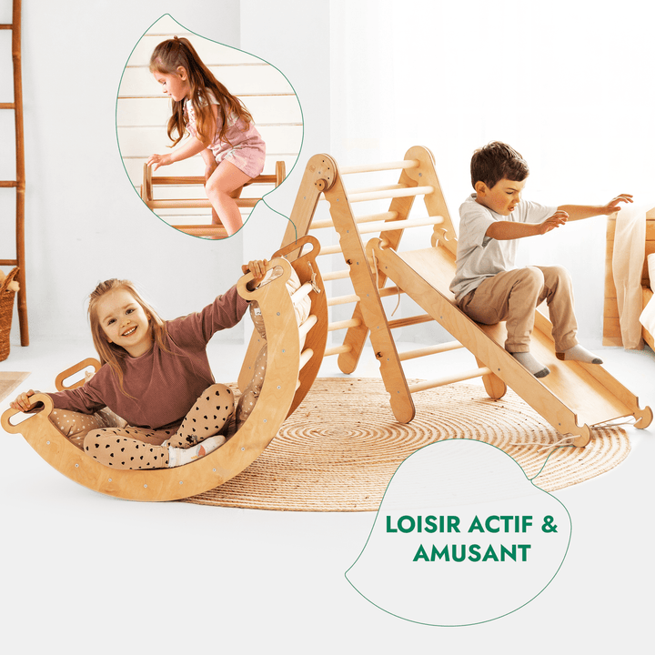 Ensemble d'Escalade Montessori 4en1 : Echelle Triangulaire + Arche d'Escalade + Toboggan + Coussin Beige - Goodevas FR