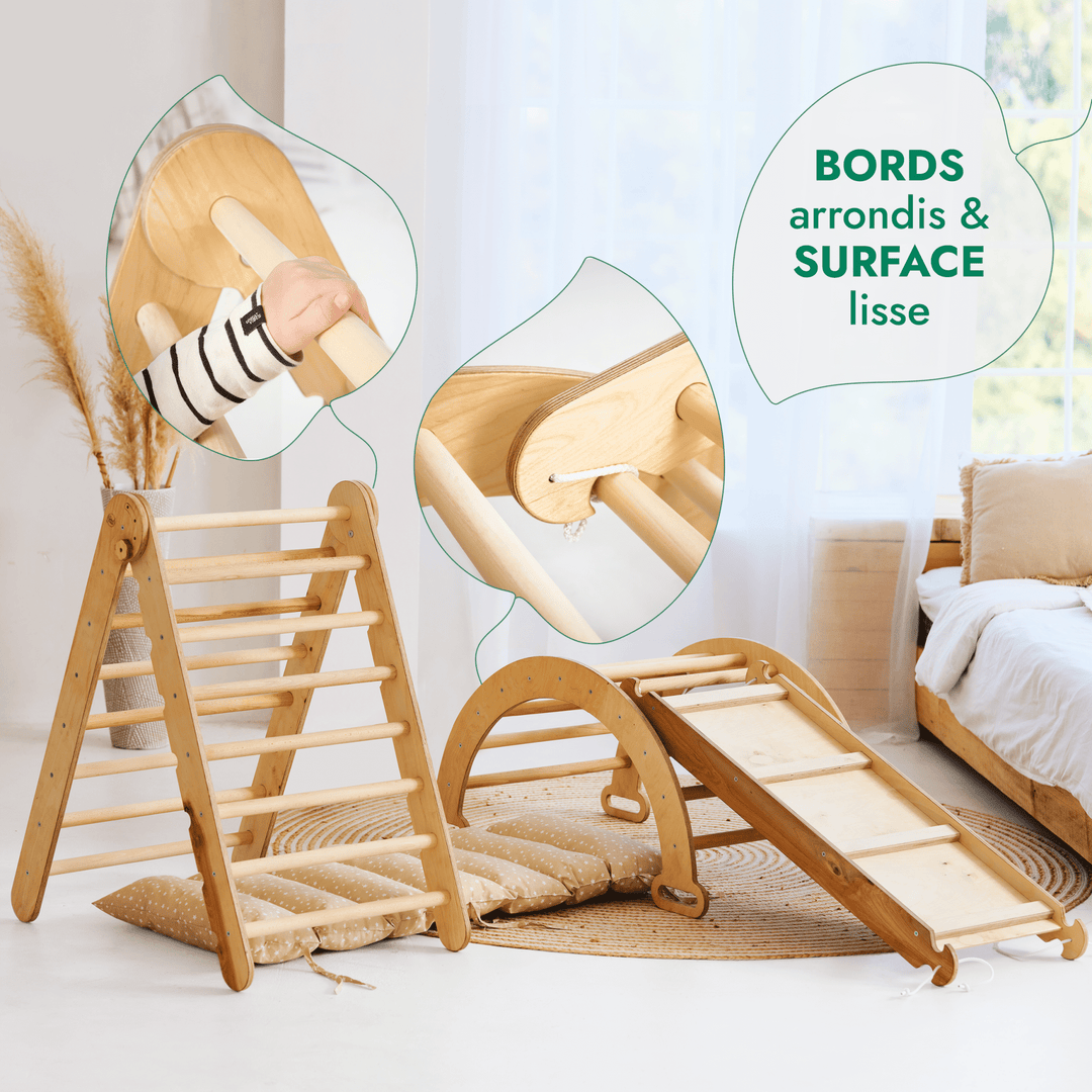 Ensemble d'Escalade Montessori 4en1 : Echelle Triangulaire + Arche d'Escalade + Toboggan + Coussin Beige - Goodevas FR