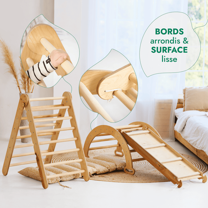 Ensemble d'Escalade Montessori 4en1 : Echelle Triangulaire + Arche d'Escalade + Toboggan + Coussin Beige - Goodevas FR