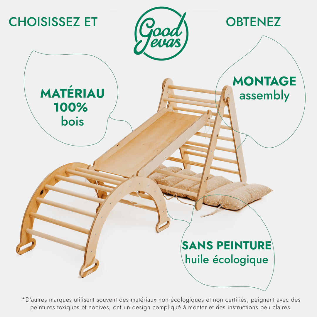Ensemble d'Escalade Montessori 4en1 : Echelle Triangulaire + Arche d'Escalade + Toboggan + Coussin Beige - Goodevas FR