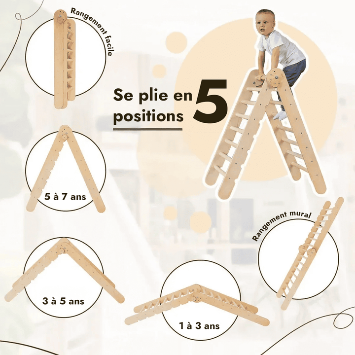 Ensemble d'Escalade Montessori 4en1 : Echelle Triangulaire + Arche d'Escalade + Toboggan + Coussin Beige - Goodevas FR