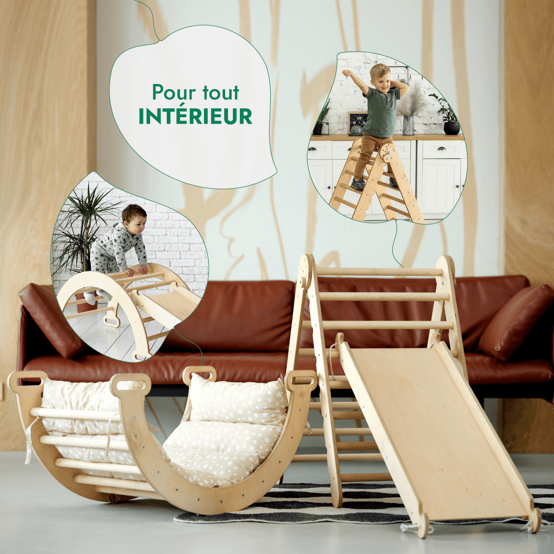 Ensemble d'Escalade Montessori 4en1 : Echelle Triangulaire + Arche d'Escalade + Toboggan + Coussin Beige - Goodevas FR