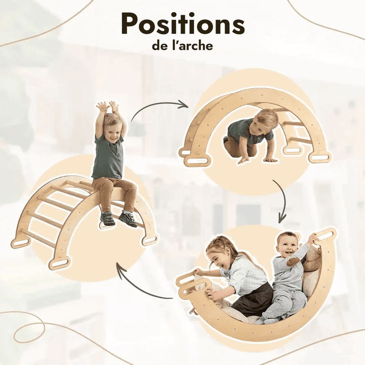 Ensemble d'Escalade Montessori 4en1 : Echelle Triangulaire + Arche d'Escalade + Toboggan + Coussin Beige - Goodevas FR