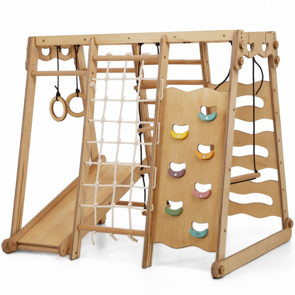 Ensemble d'escalade aire de jeux 5 en 1 avec balançoire, mur d'escalade, filet à grimper, échelle horizontale, jouets d'escalade pour enfants, 120 x 105 x 120 cm, bois naturel - Balançoire et Ensemble d'escalade aire de jeux 5 en 1 avec balançoire, mur d'escalade, filet à grimper, échelle horizontale, jouets d'escalade pour enfants, 120 x 105 x 120 cm, bois naturel - Balançoire et