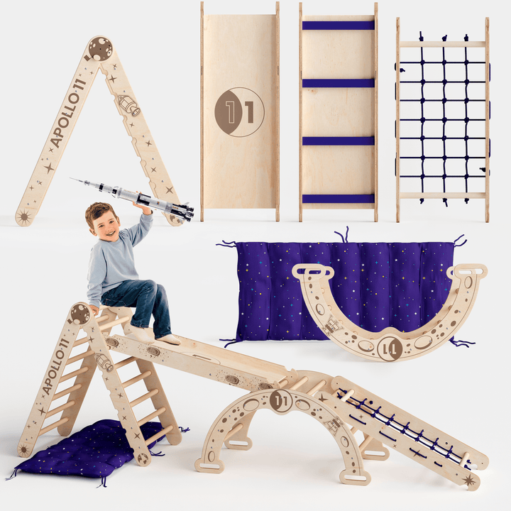 Ensemble d'escalade Apollo 5-en-1 : Triangle de Pikler, Arche, Planche de glisse et Coussin pour les petits astronautes