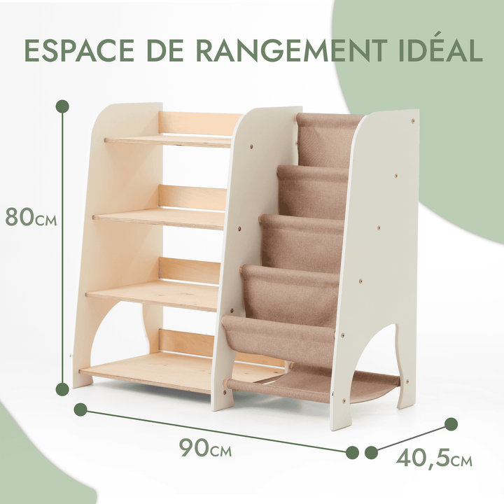 Étagères Montessori en bois 2en1 : étagère à livres et à jouets