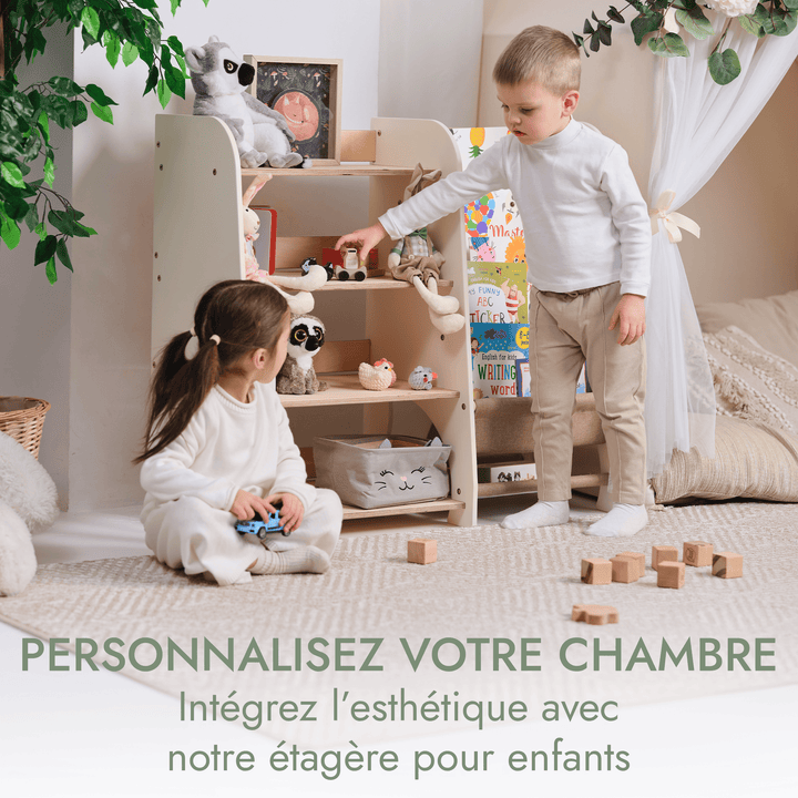 Étagères Montessori en bois 2en1 : étagère à livres et à jouets