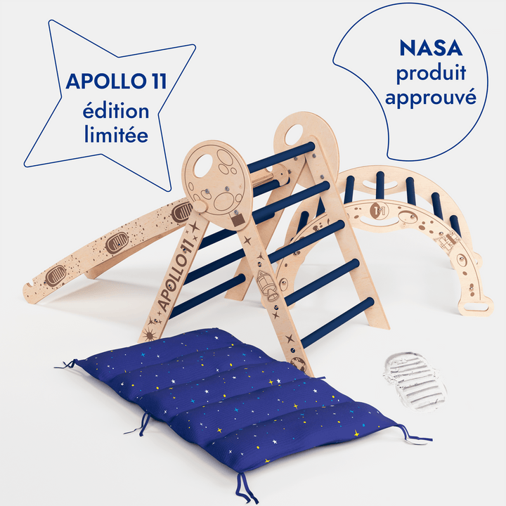 Ensemble d'Escalade Apollo 4-en-1 : Triangle Pikler, Arche, Planche de Glisse et Coussin pour Petits Astronautes en Herbe