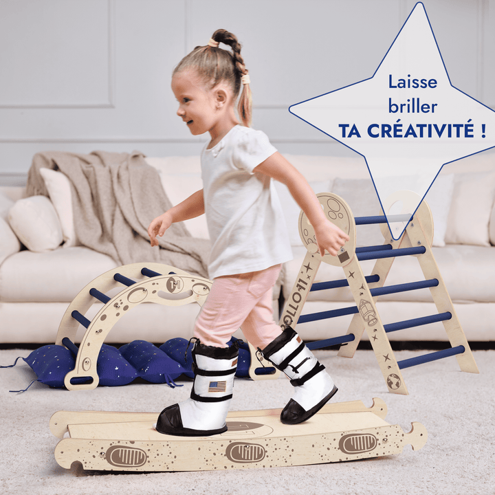 Ensemble d'Escalade Apollo 4-en-1 : Triangle Pikler, Arche, Planche de Glisse et Coussin pour Petits Astronautes en Herbe