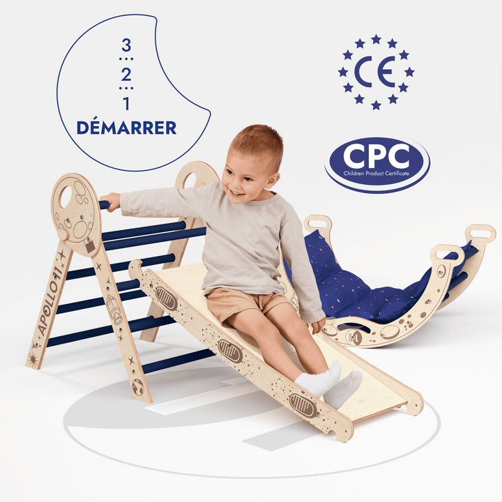 Ensemble d'Escalade Apollo 4-en-1 : Triangle Pikler, Arche, Planche de Glisse et Coussin pour Petits Astronautes en Herbe
