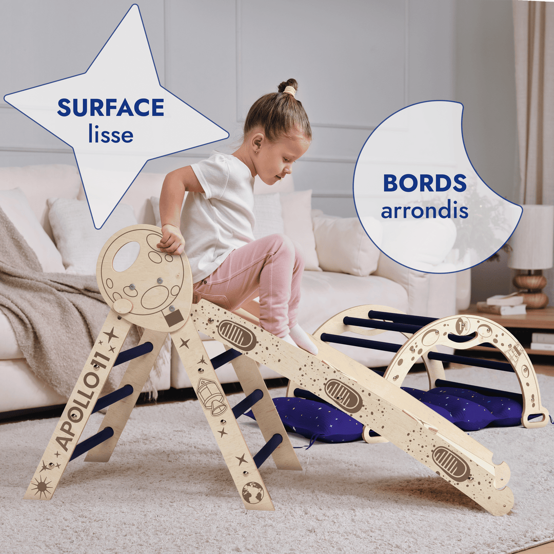 Ensemble d'Escalade Apollo 4-en-1 : Triangle Pikler, Arche, Planche de Glisse et Coussin pour Petits Astronautes en Herbe