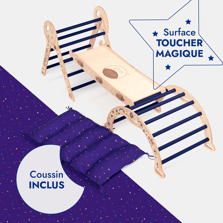 Ensemble d'Escalade Apollo 4-en-1 : Triangle Pikler, Arche, Planche de Glisse et Coussin pour Petits Astronautes en Herbe