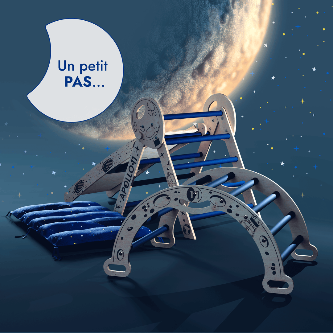 Ensemble d'Escalade Apollo 4-en-1 : Triangle Pikler, Arche, Planche de Glisse et Coussin pour Petits Astronautes en Herbe
