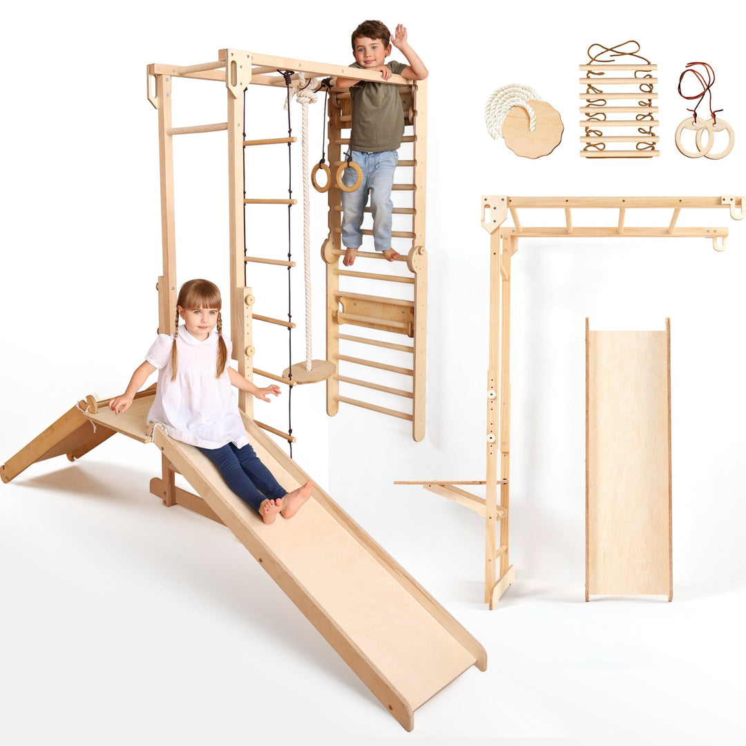 Mur suédois 7 - en - 1 + Barres de singe + Ensemble balançoire + Toboggan + Rampe - Goodevas FR