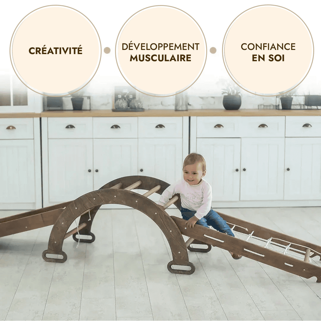 Set de Triangulaire 4 en 1: L'échelle triangulaire + Arche+ Toboggan + Filet à grimper - Chocolat - Goodevas FR