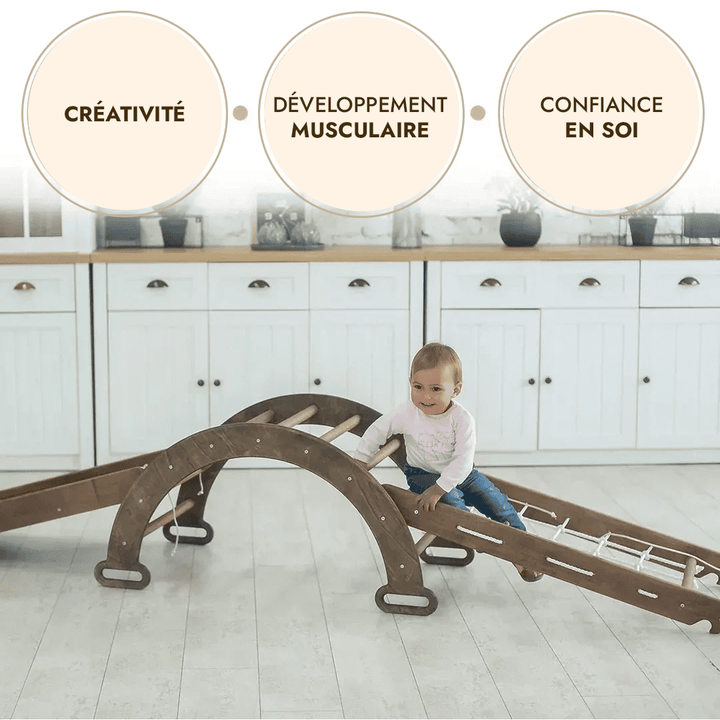Set de Triangulaire 4 en 1: L'échelle triangulaire + Arche+ Toboggan + Filet à grimper - Chocolat - Goodevas FR