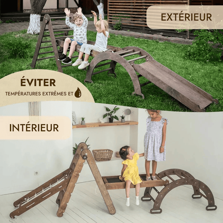 Set de Triangulaire 4 en 1: L'échelle triangulaire + Arche+ Toboggan + Filet à grimper - Chocolat - Goodevas FR