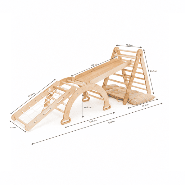 6en1 Ensemble d'Escalade Montessori : Échelle Triangulaire + Arche/Rocker + Toboggan/Rampe + Filet + Coussin + Ajout Artistique