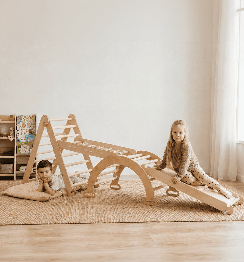6en1 Ensemble d'Escalade Montessori : Échelle Triangulaire + Arche/Rocker + Toboggan/Rampe + Filet + Coussin + Ajout Artistique