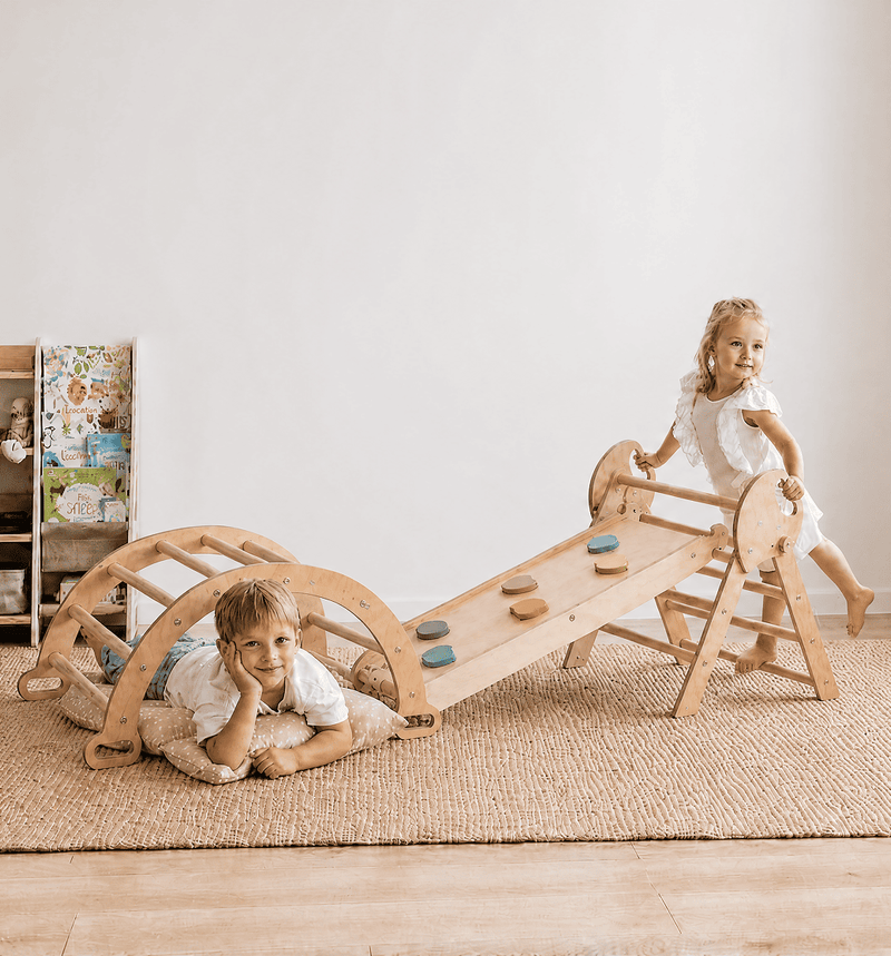 4en1 Ensemble d'escalade pour enfants : Échelle Triangulaire + Arche d'Escalade + Toboggan + Coussin (1-3 ans) - Beige
