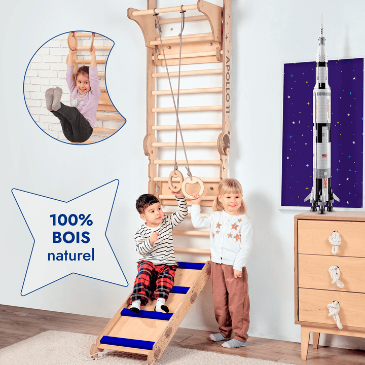 Mur Suédois Apollo / Échelle d'Escalade pour Petits Astronautes + Ensemble Balançoire Lune + Planche de Glisse