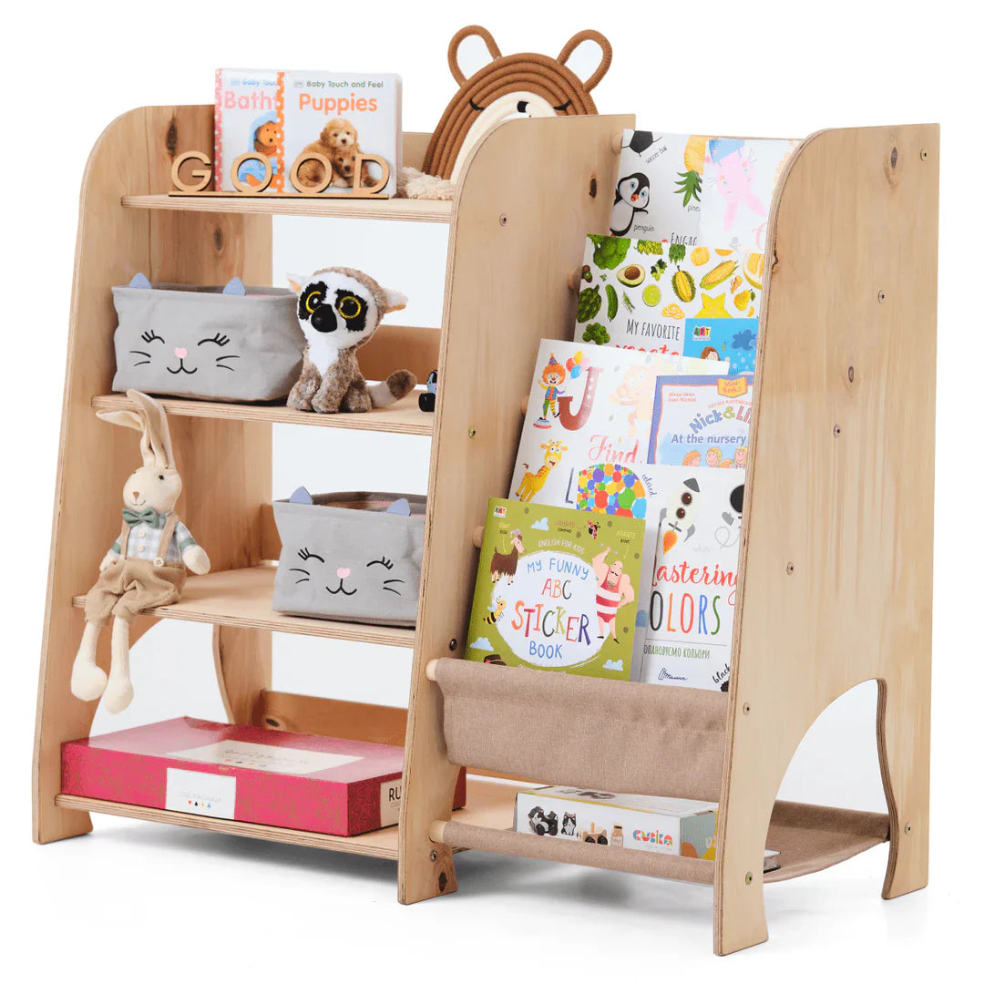 Étagères Montessori en bois 2en1 : étagère à livres et à jouets