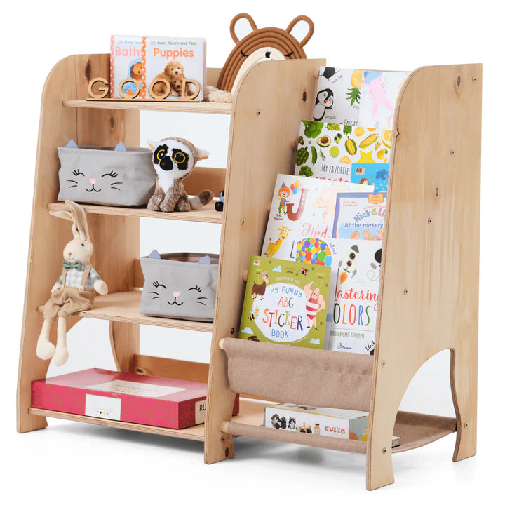 Étagères Montessori en bois 2en1 : étagère à livres et à jouets